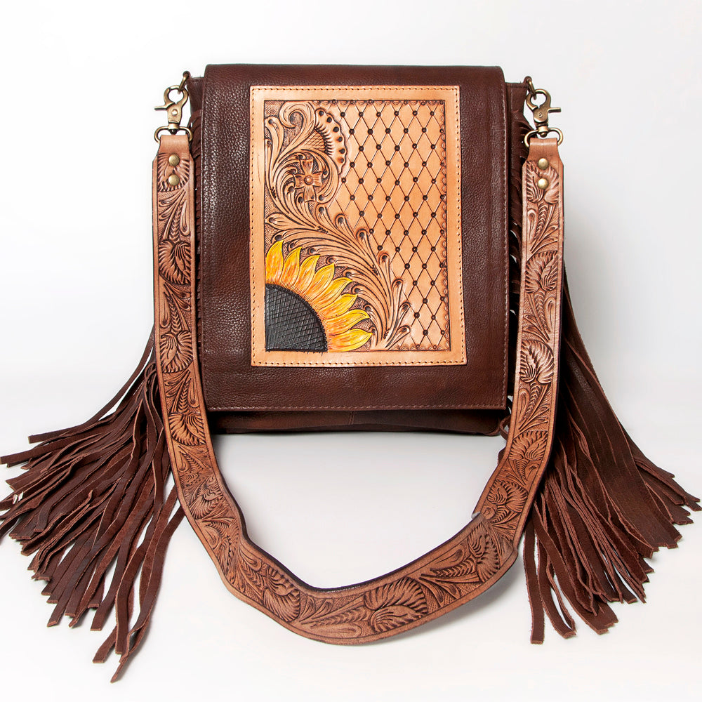 LC-ADBGA158 Sunflower Tooled Leather Messenger Bag with Quilted Panel & Fringe Brown Western Shoulder Purse