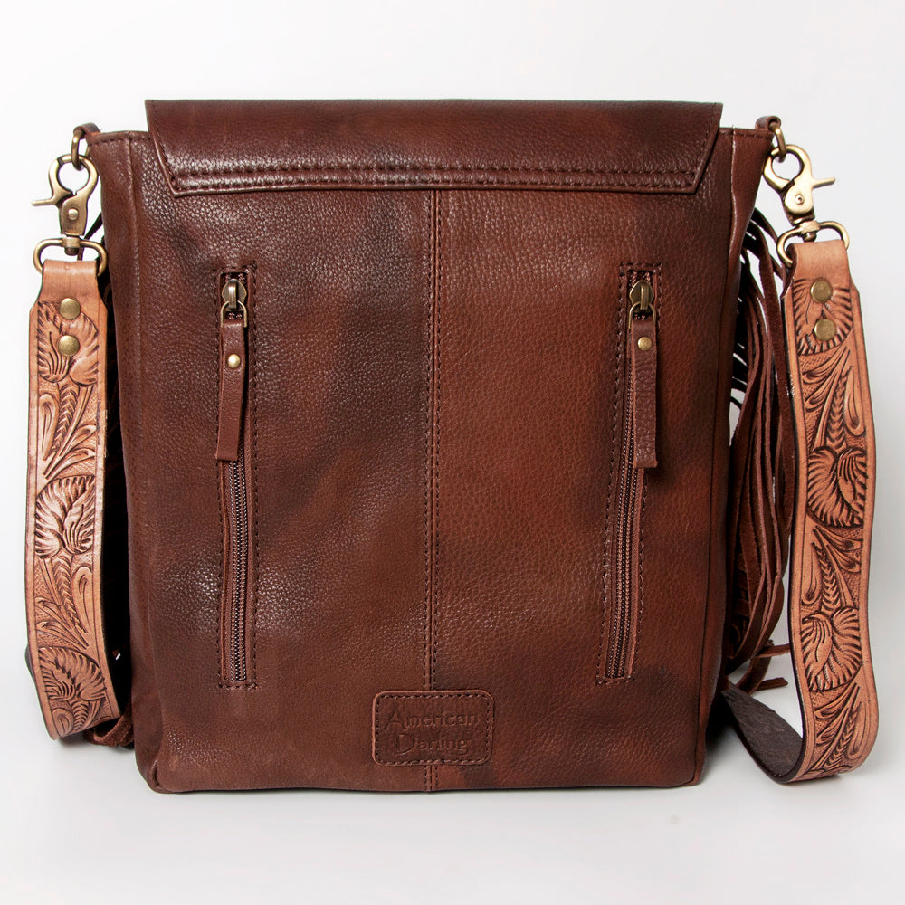 LC-ADBGA158 Sunflower Tooled Leather Messenger Bag with Quilted Panel & Fringe Brown Western Shoulder Purse