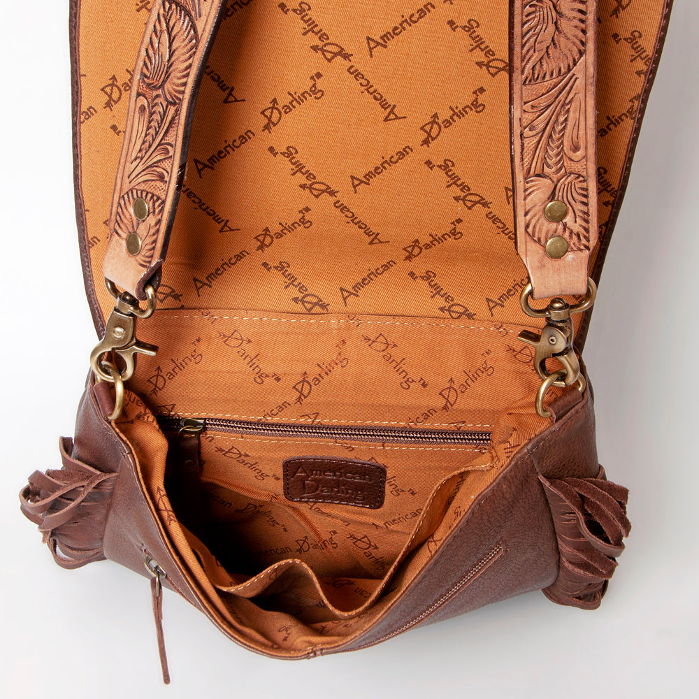 LC-ADBGA158 Sunflower Tooled Leather Messenger Bag with Quilted Panel & Fringe Brown Western Shoulder Purse