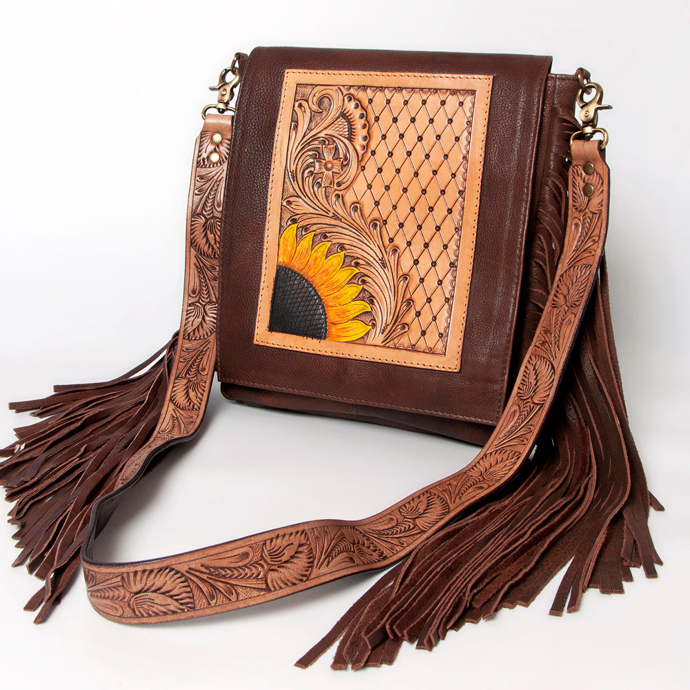 LC-ADBGA158 Sunflower Tooled Leather Messenger Bag with Quilted Panel & Fringe Brown Western Shoulder Purse
