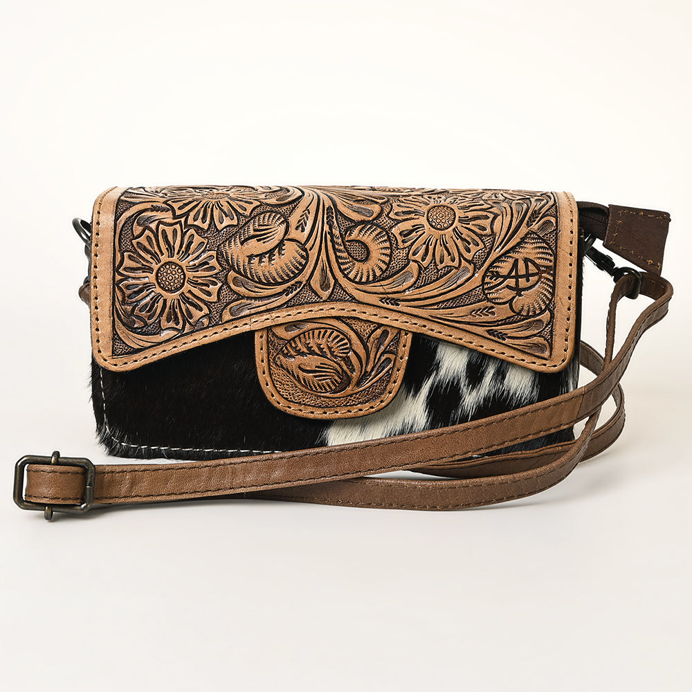 ADBG681A Hand-Tooled Western Leather Hair-On Hide Wallet Crossbody Bag American Darling
