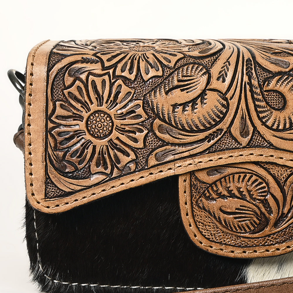 ADBG681A Hand-Tooled Western Leather Hair-On Hide Wallet Crossbody Bag American Darling