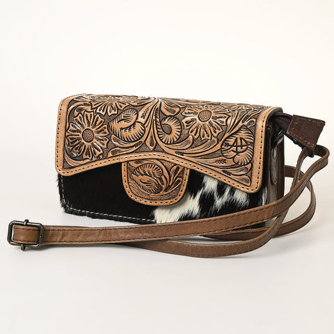 American Darling Hand-Tooled Western Leather Hair-On Hide Wallet Crossbody Bag