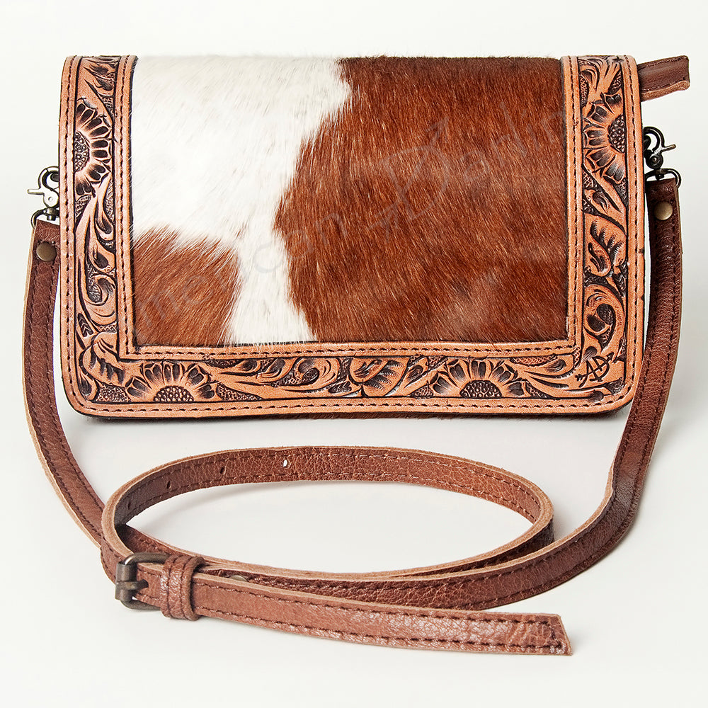 ADBG683 Hand-Tooled Western Leather Hair-On Hide Wallet Crossbody Bag American Darling