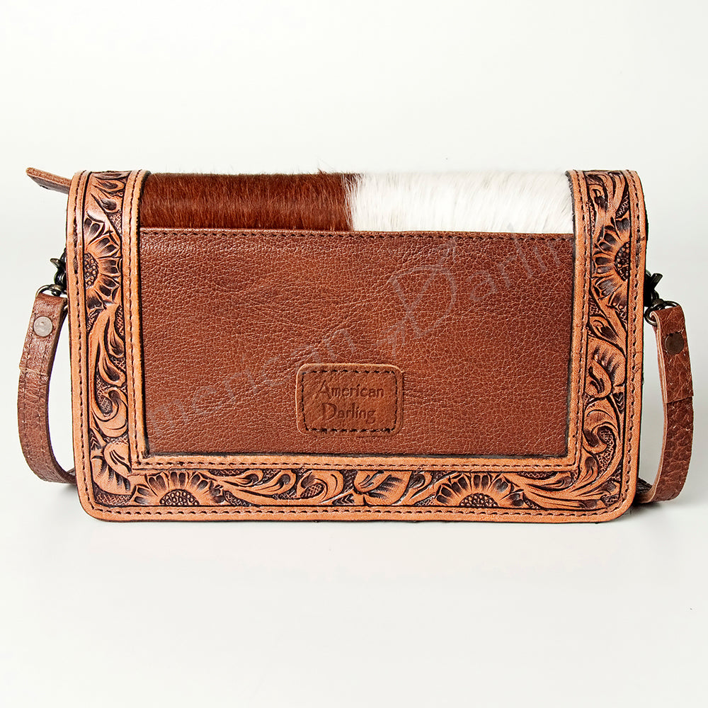 ADBG683 Hand-Tooled Western Leather Hair-On Hide Wallet Crossbody Bag American Darling
