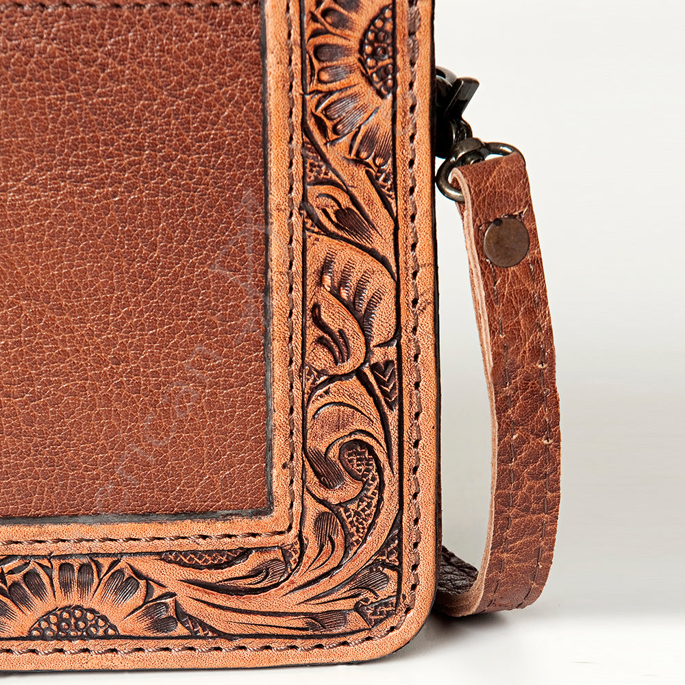 ADBG683 Hand-Tooled Western Leather Hair-On Hide Wallet Crossbody Bag American Darling