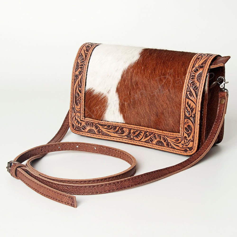 ADBG683 Hand-Tooled Western Leather Hair-On Hide Wallet Crossbody Bag American Darling