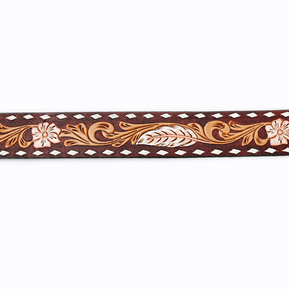 LC-ADBLF119 Tooled Leather Belt - Maroon Floral Scroll with Feather Accent & White Diamond Border