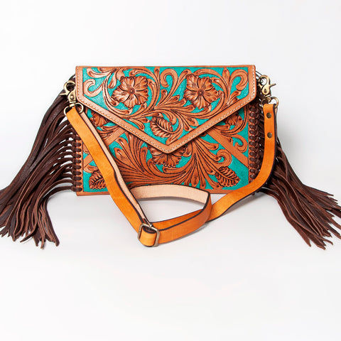 American Darling Hand Tooled Floral Carved Leather Fringe Envelope Women