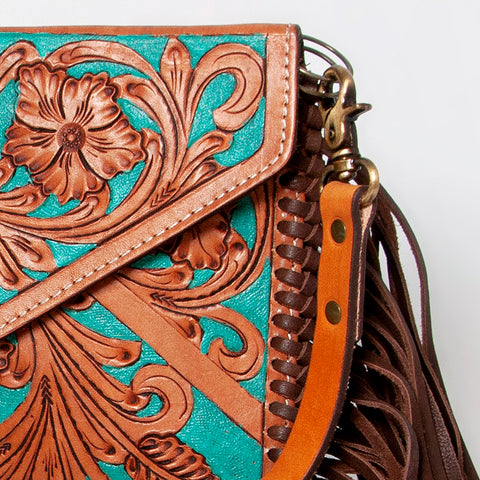 American Darling Hand Tooled Floral Carved Leather Fringe Envelope Women