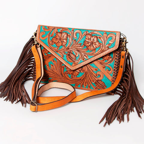 American Darling Hand Tooled Floral Carved Leather Fringe Envelope Women