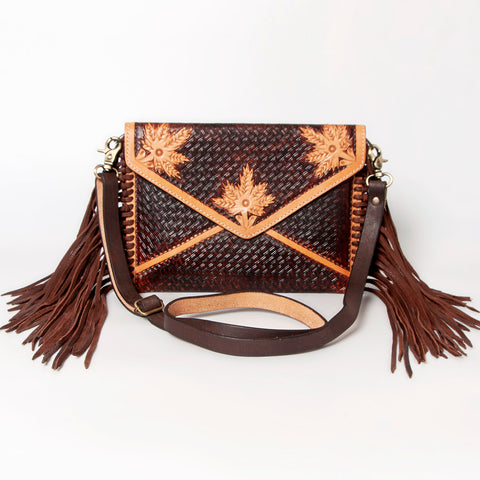 American Darling Hand Tooled Floral Carved Leather Fringe Envelope Women