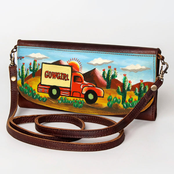 LC-ADBGM112HP15 Hand-Painted Cowgirl Truck Leather Crossbody Clutch - Western Cactus Desert Scene