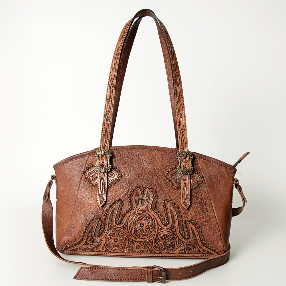 LC-ADBG711A Western Tooled Leather Tote Bag with Buckle Detail & Crossbody Strap