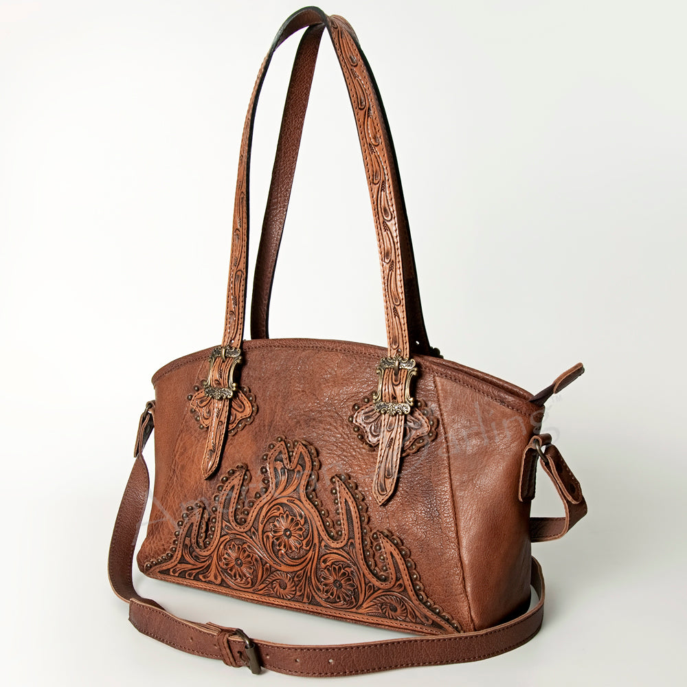 LC-ADBG711A Western Tooled Leather Tote Bag with Buckle Detail & Crossbody Strap