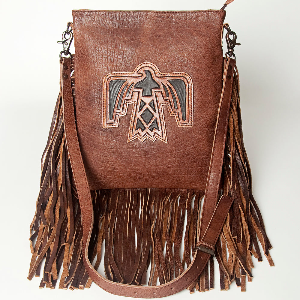 LC-ADBG719 Leather Fringe Crossbody Bag with Tooled Panel