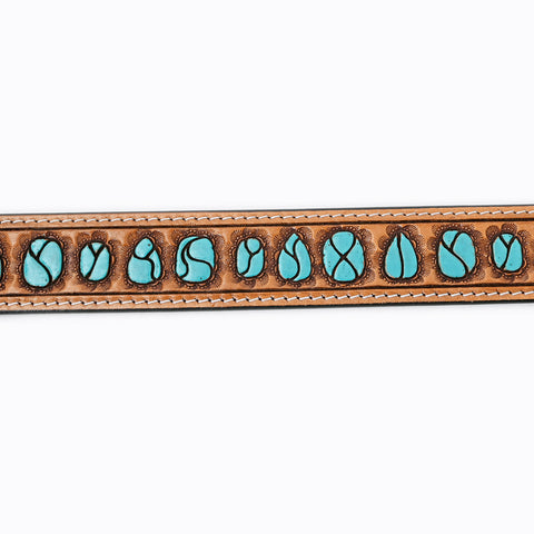 LC-ADBLF126 Western Tooled Leather Belt - Turquoise Stone Inlay Design