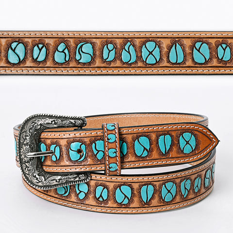 LC-ADBLF126 Western Tooled Leather Belt - Turquoise Stone Inlay Design