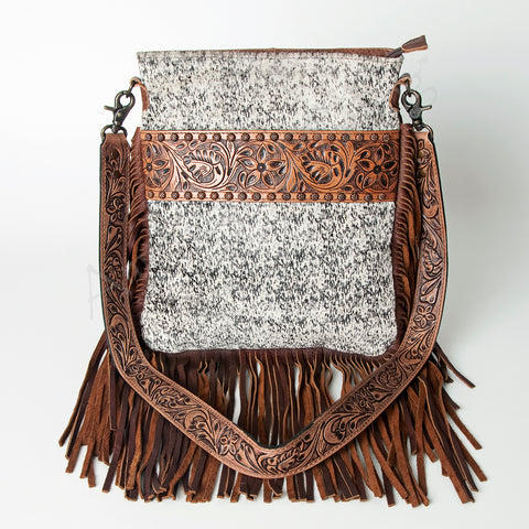 ADBGS192 Cowhide Large Crossbody Bag with Tooled Patch, Fringe & Floral Strap - Western Purse