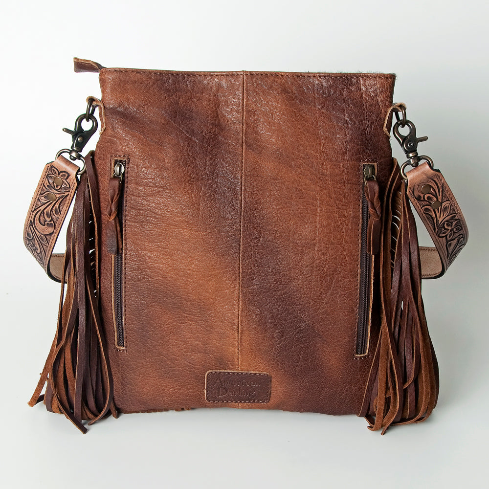 ADBGS192 Cowhide Messenger Bag with Tooled Patch, Fringe & Floral Strap - Western Purse