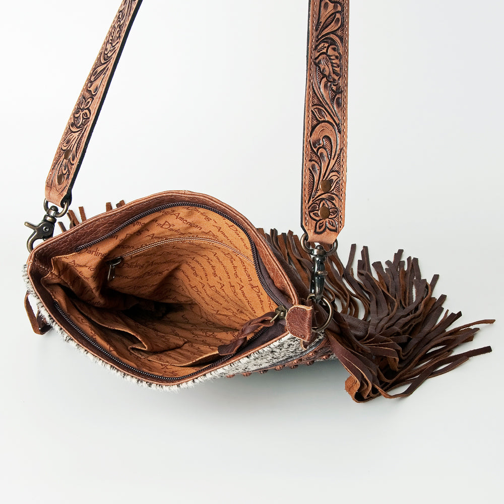 ADBGS192 Cowhide Messenger Bag with Tooled Patch, Fringe & Floral Strap - Western Purse