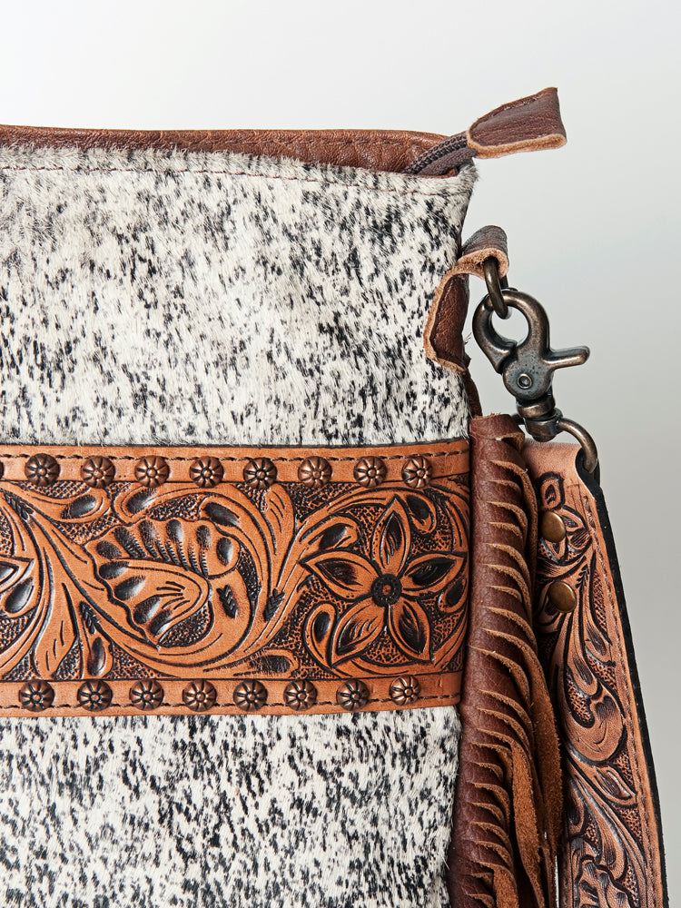 ADBGS192 Cowhide Messenger Bag with Tooled Patch, Fringe & Floral Strap - Western Purse