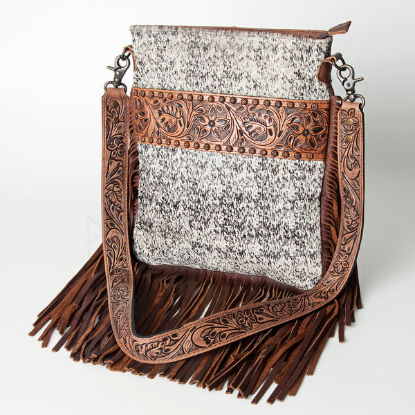 ADBGS192 Cowhide Messenger Bag with Tooled Patch, Fringe & Floral Strap - Western Purse