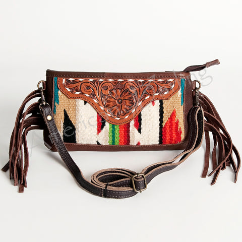 American Darling Southwestern Wool & Leather Fringe Crossbody Bag with Hand-Tooled Flap