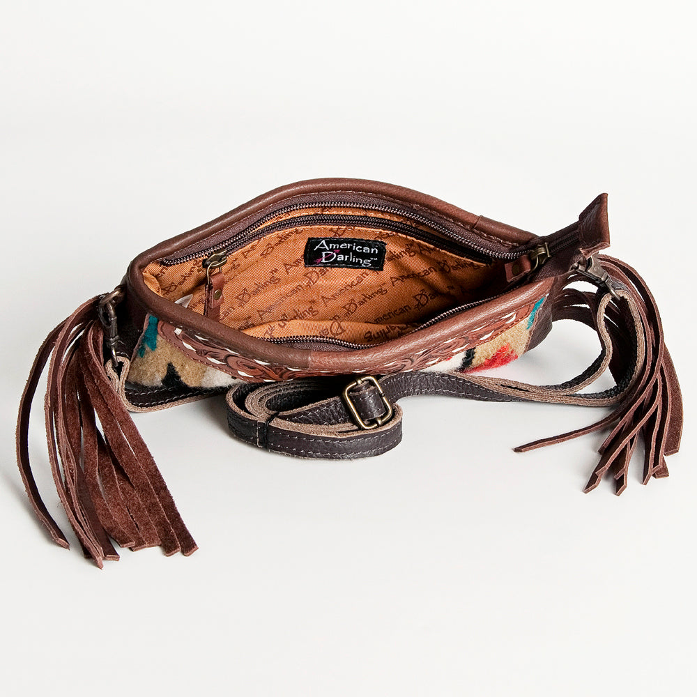 LC-ADBGA188A Southwestern Wool & Leather Fringe Crossbody Bag with Hand-Tooled Flap