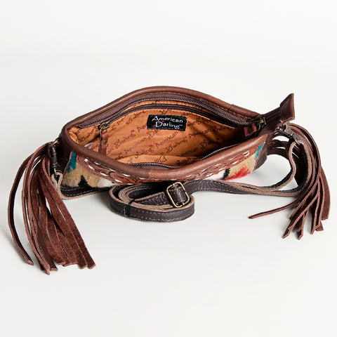 American Darling Southwestern Wool & Leather Fringe Crossbody Bag with Hand-Tooled Flap