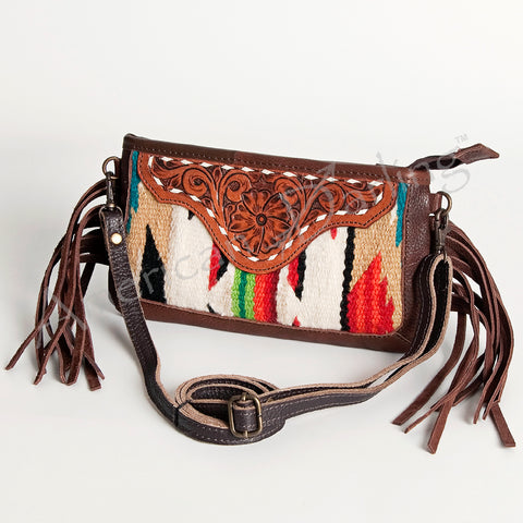 American Darling Southwestern Wool & Leather Fringe Crossbody Bag with Hand-Tooled Flap