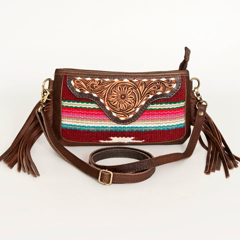American Darling Southwestern Wool & Leather Fringe Crossbody Bag with Hand-Tooled Flap