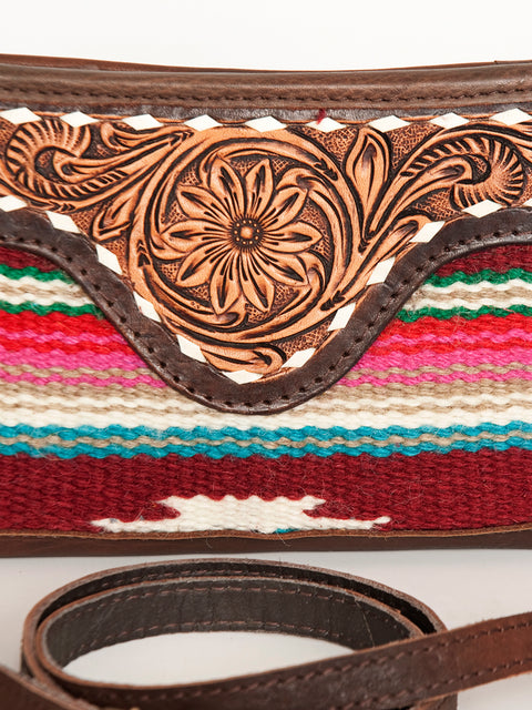 American Darling Southwestern Wool & Leather Fringe Crossbody Bag with Hand-Tooled Flap