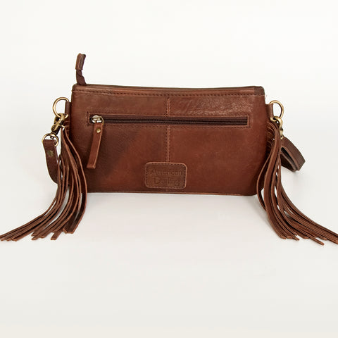 American Darling Southwestern Wool & Leather Fringe Crossbody Bag with Hand-Tooled Flap