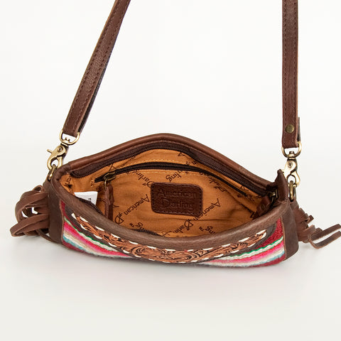 American Darling Southwestern Wool & Leather Fringe Crossbody Bag with Hand-Tooled Flap
