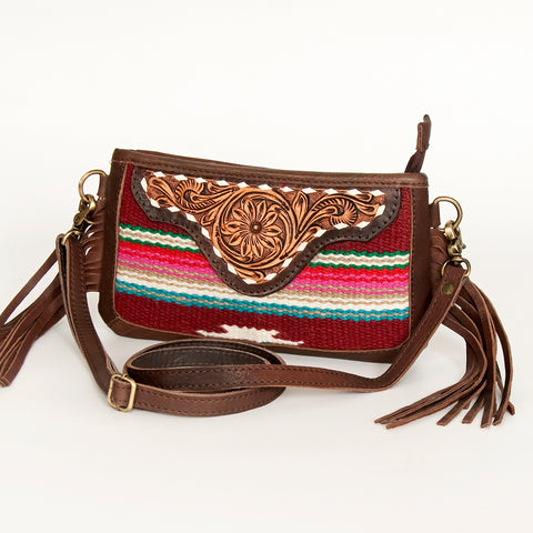 American Darling Southwestern Wool & Leather Fringe Crossbody Bag with Hand-Tooled Flap