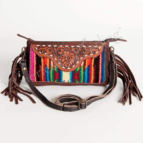 American Darling Southwestern Wool & Leather Fringe Crossbody Bag with Hand-Tooled Flap