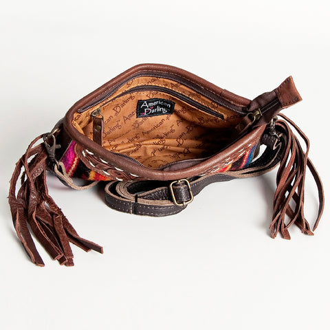 American Darling Southwestern Wool & Leather Fringe Crossbody Bag with Hand-Tooled Flap