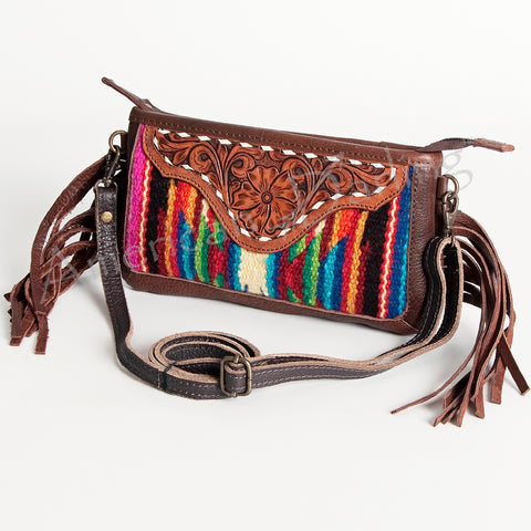 American Darling Southwestern Wool & Leather Fringe Crossbody Bag with Hand-Tooled Flap