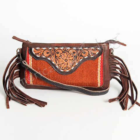 American Darling Southwestern Wool & Leather Fringe Crossbody Bag with Hand-Tooled Flap