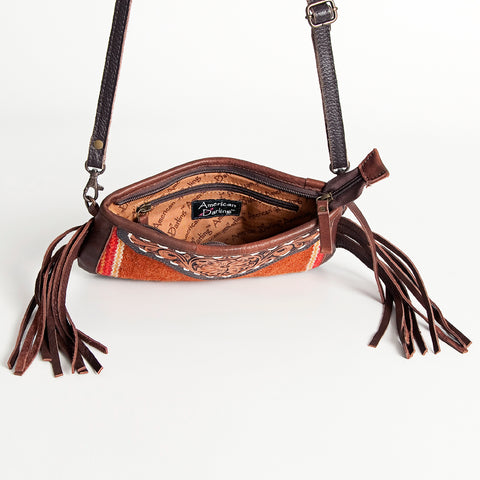 American Darling Southwestern Wool & Leather Fringe Crossbody Bag with Hand-Tooled Flap