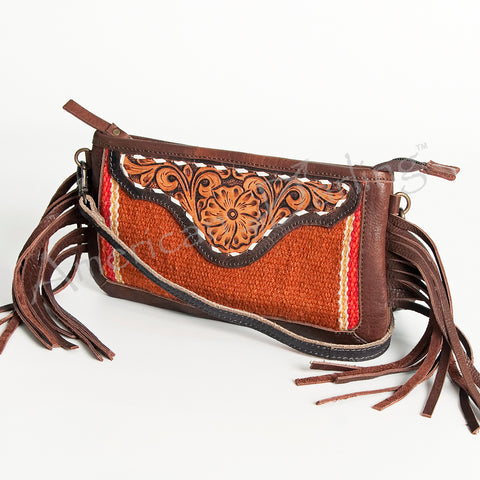 American Darling Southwestern Wool & Leather Fringe Crossbody Bag with Hand-Tooled Flap