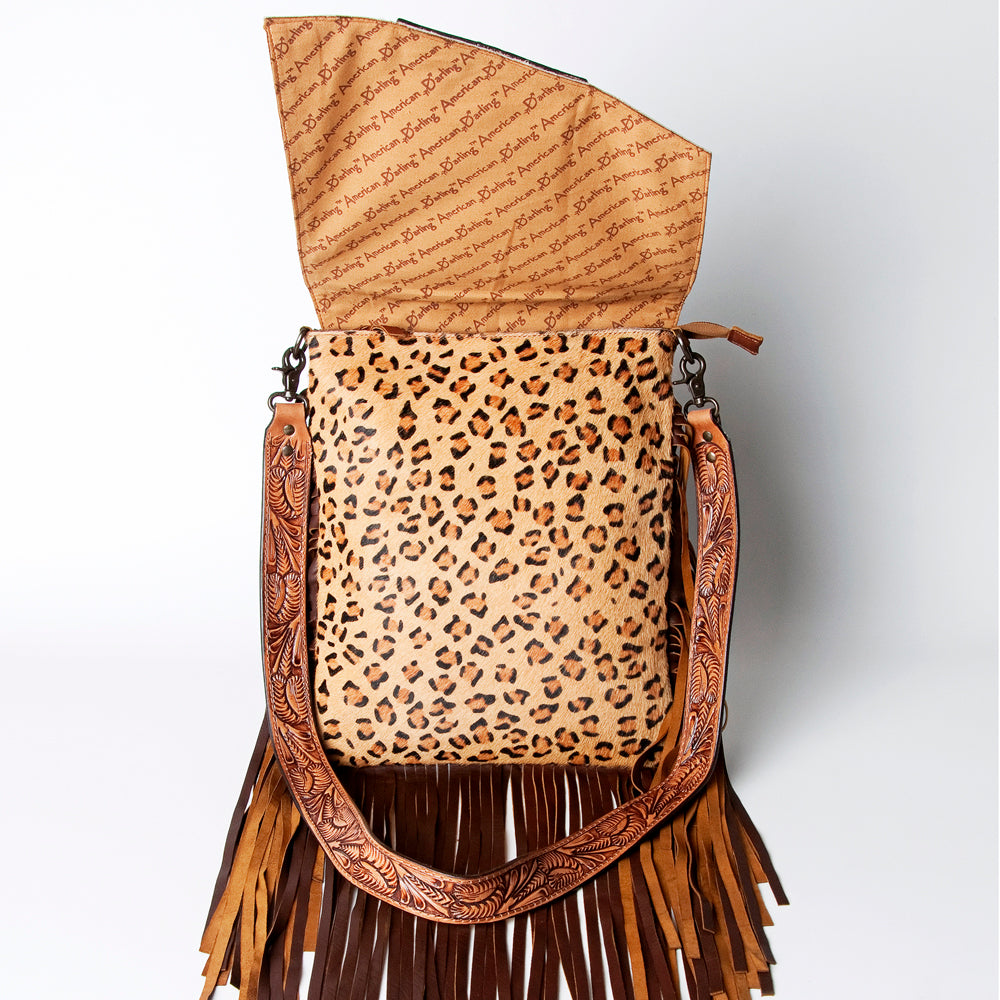 LC-ADBGZ124A Leopard Print Messenger Bag with Fringe and Tooled Leather Flap