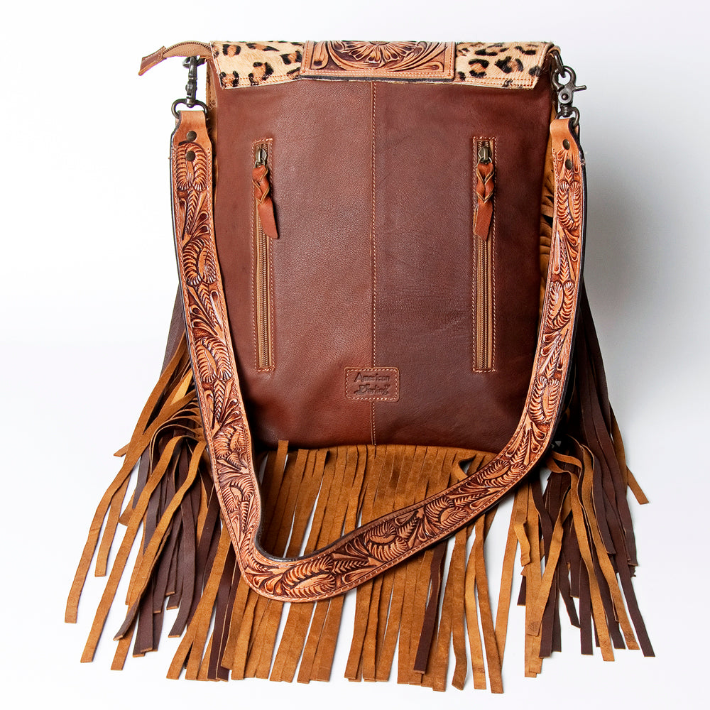 LC-ADBGZ124A Leopard Print Messenger Bag with Fringe and Tooled Leather Flap