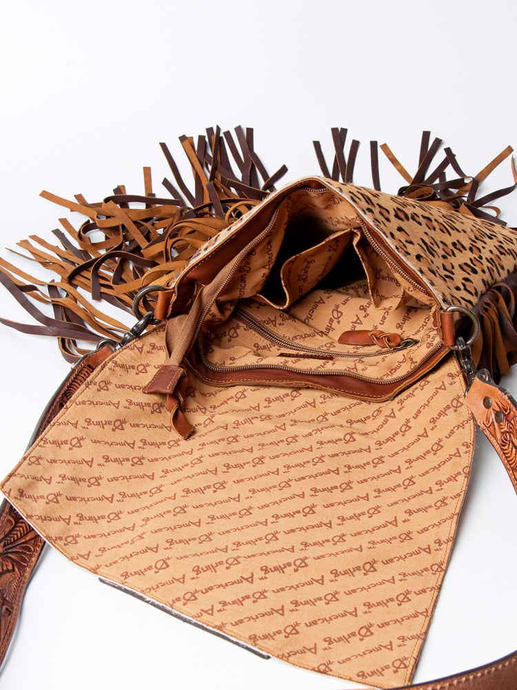 LC-ADBGZ124A Leopard Print Messenger Bag with Fringe and Tooled Leather Flap