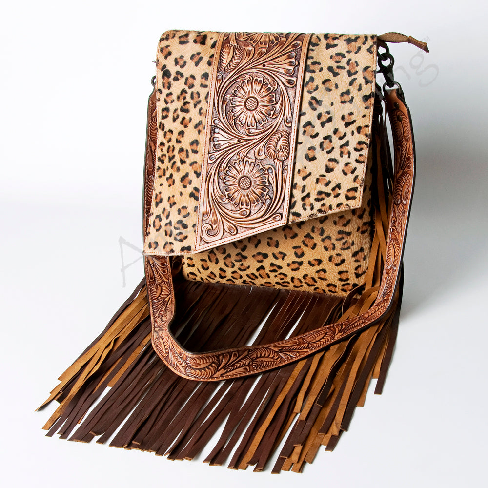 LC-ADBGZ124A Leopard Print Messenger Bag with Fringe and Tooled Leather Flap