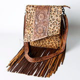 LC-ADBGZ124A Leopard Print Crossbody Bag with Fringe and Tooled Leather Flap