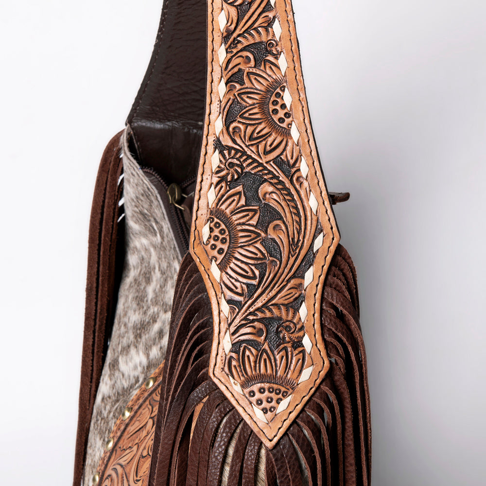 LC-ADBGI112 Becca Western Hobo Bag - Hair-On Hide with Floral Tooled Leather & Fringe
