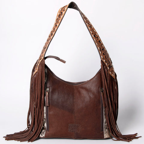 LC-ADBGI112 Becca Western Hobo Bag - Hair-On Hide with Floral Tooled Leather & Fringe