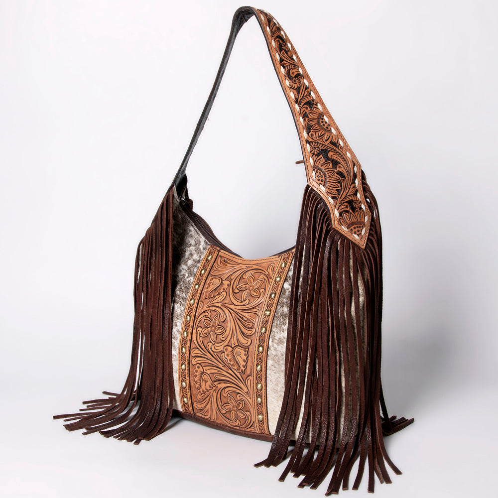 LC-ADBGI112 Becca Western Hobo Bag - Hair-On Hide with Floral Tooled Leather & Fringe